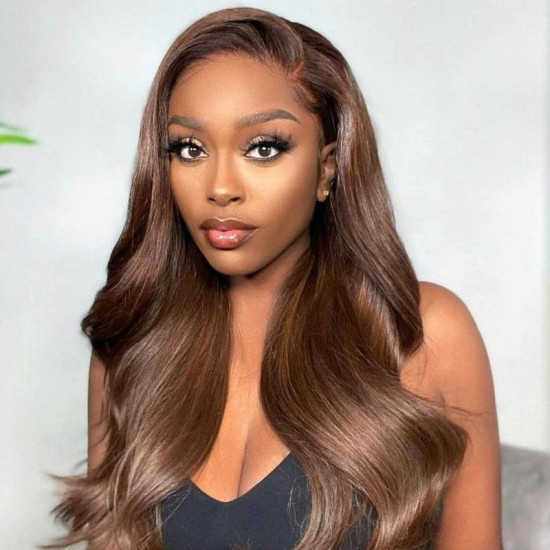 Preciousluxuryhair #4 Chestnut Brown Color Straight Human Hair Wigs Hand Tied Lace Part Wig 150% Density