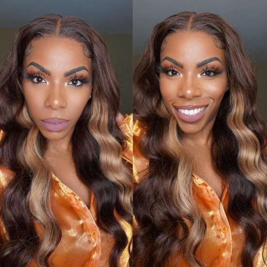 Preciousluxuryhair Highlight Brown Chocolate D427 Color Long Straight Hand Tied Lace Part Wig100%  Human Hair Wigs