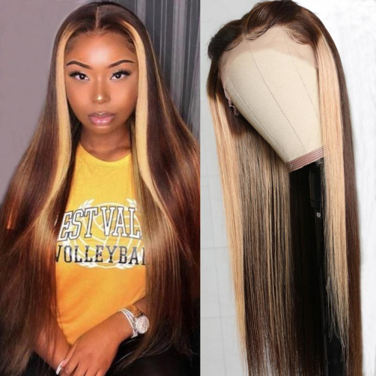 Preciousluxuryhair Highlight Brown Chocolate D427 Color Long Straight Hand Tied Lace Part Wig100%  Human Hair Wigs