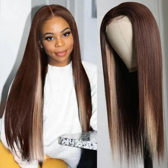 Preciousluxuryhair Highlight Brown Chocolate D427 Color Long Straight Hand Tied Lace Part Wig100%  Human Hair Wigs