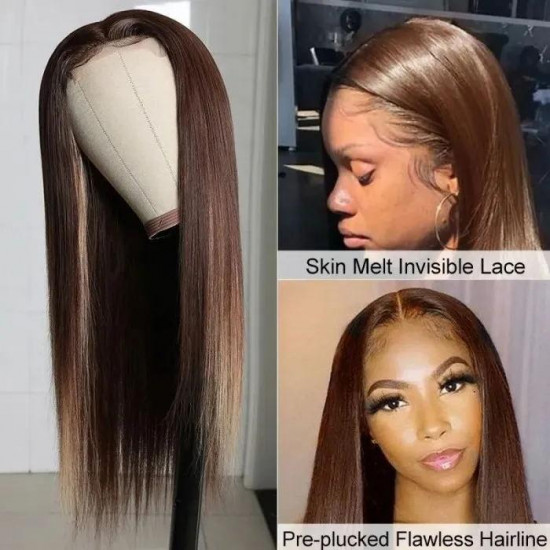 Preciousluxuryhair Highlight Brown Chocolate D427 Color Long Straight Hand Tied Lace Part Wig100%  Human Hair Wigs