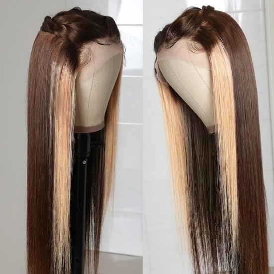 Preciousluxuryhair Highlight Brown Chocolate D427 Color Long Straight Hand Tied Lace Part Wig100%  Human Hair Wigs