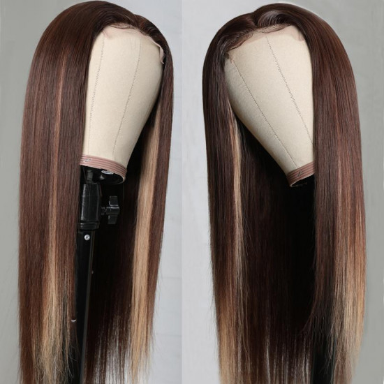 Preciousluxuryhair Highlight Brown Chocolate D427 Color Long Straight Hand Tied Lace Part Wig100%  Human Hair Wigs