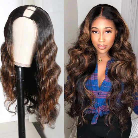 Preciousluxuryhair U Part Wig Black With Mix Brown Highlights Colored Body Wave Wig Human Hair 2x4 Opening Size U Part Wigs 150% Density