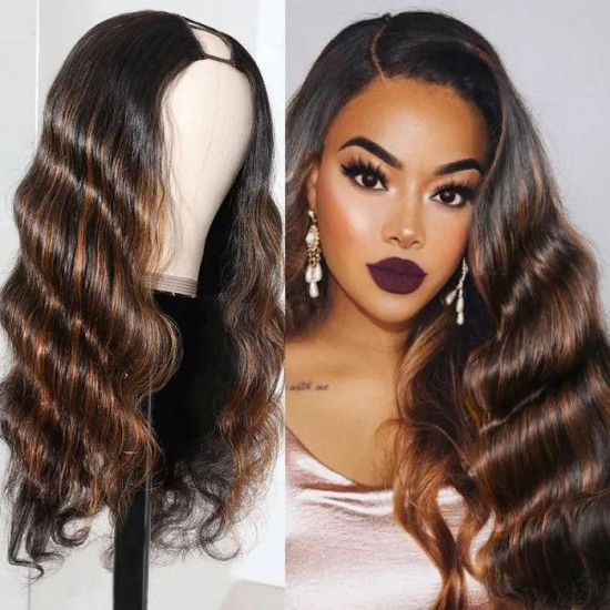 Preciousluxuryhair U Part Wig Black With Mix Brown Highlights Colored Body Wave Wig Human Hair 2x4 Opening Size U Part Wigs 150% Density