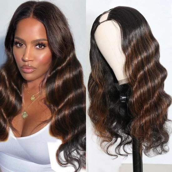 Preciousluxuryhair U Part Wig Black With Mix Brown Highlights Colored Body Wave Wig Human Hair 2x4 Opening Size U Part Wigs 150% Density