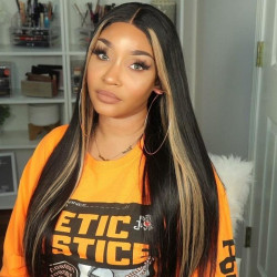 Preciousluxuryhair Highlight Ombre TL27 Color Straight Lace Part Human Hair Wigs Hand Tied Lace Part Wig 150% Density