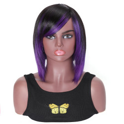 Preciousluxuryhair Highlight Purple Color Layered Bob Wigs With Side Bangs Straight Hair Glueless Wig 150% Density