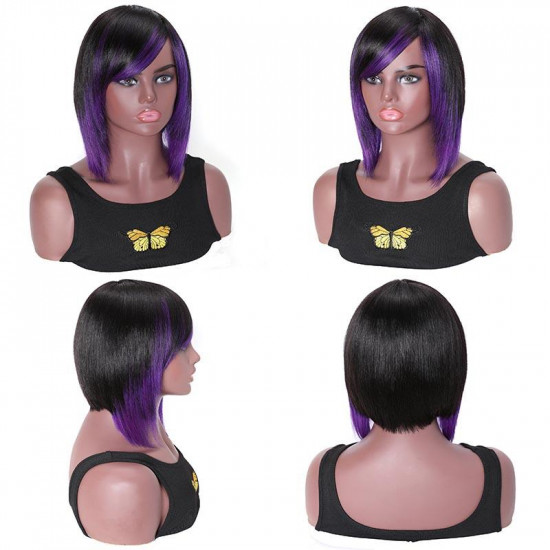 Preciousluxuryhair Highlight Purple Color Layered Bob Wigs With Side Bangs Straight Hair Glueless Wig 150% Density