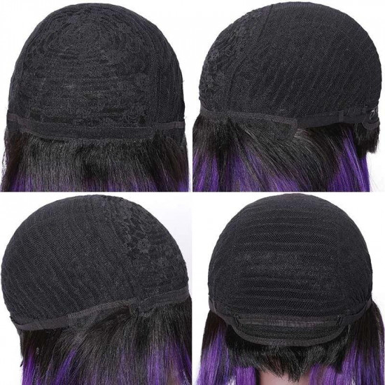 Preciousluxuryhair Highlight Purple Color Layered Bob Wigs With Side Bangs Straight Hair Glueless Wig 150% Density