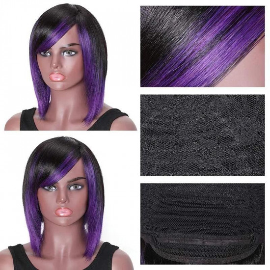 Preciousluxuryhair Highlight Purple Color Layered Bob Wigs With Side Bangs Straight Hair Glueless Wig 150% Density