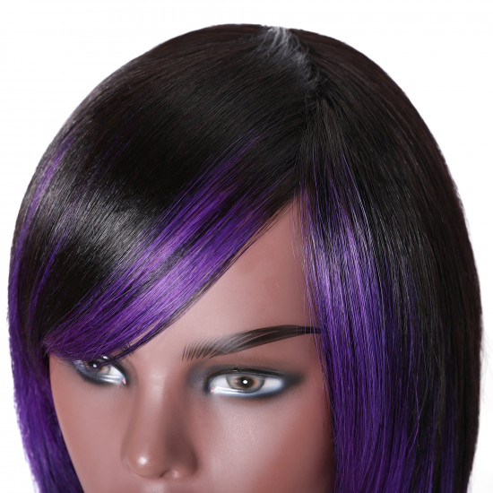 Preciousluxuryhair Highlight Purple Color Layered Bob Wigs With Side Bangs Straight Hair Glueless Wig 150% Density