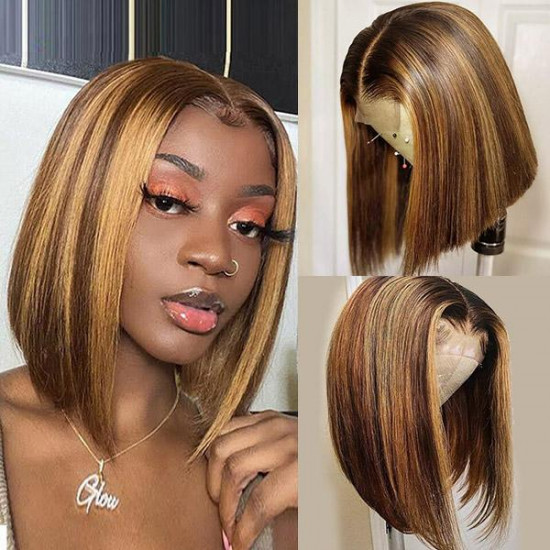 Preciousluxuryhair Highlight Straight Bob 4 by 4 Hand Tied Lace Part Wig Ombre Color Human Hair Wigs