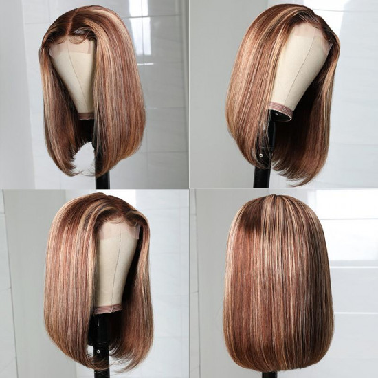 Preciousluxuryhair Highlight Straight Bob 4 by 4 Hand Tied Lace Part Wig Ombre Color Human Hair Wigs