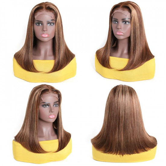 Preciousluxuryhair Highlight Straight Bob 4 by 4 Hand Tied Lace Part Wig Ombre Color Human Hair Wigs