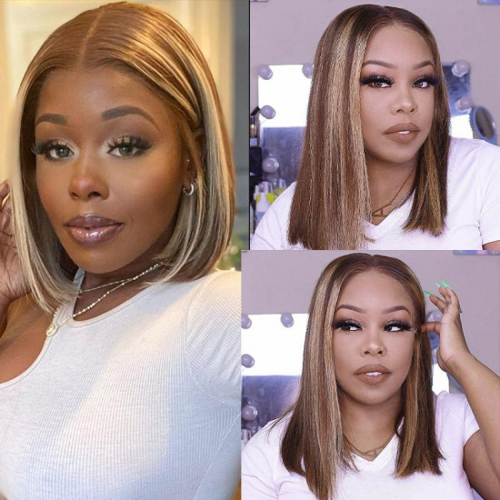 Preciousluxuryhair Highlight Straight Bob 4 by 4 Hand Tied Lace Part Wig Ombre Color Human Hair Wigs