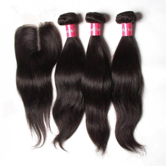 Preciousluxuryhair Hair Peruvian Straight Hair Bundles 3 Bundles With 4x4 inch Swiss Lace Closure, 8