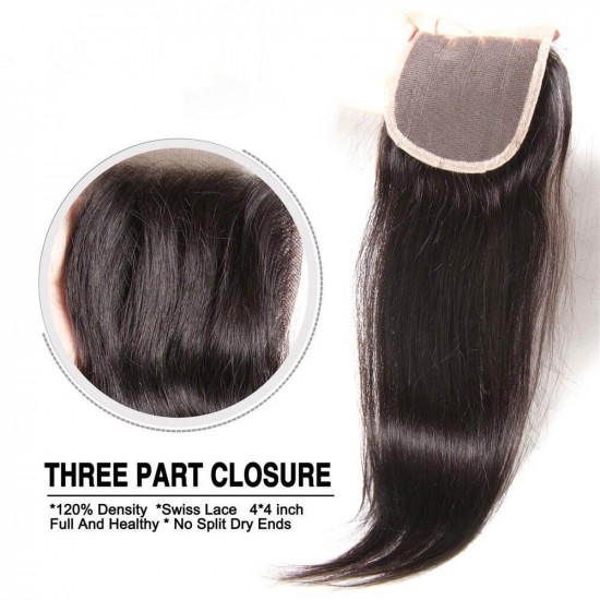 Preciousluxuryhair Hair Peruvian Straight Hair Bundles 3 Bundles With 4x4 inch Swiss Lace Closure, 8