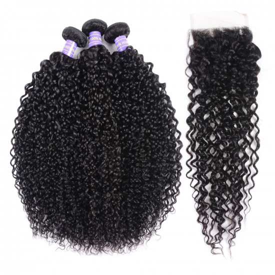 Preciousluxuryhair Hair Remy Human Hair Bundles Deal Indian Virgin Curly Hair 3 Bundles with 4*4 Lace Closure