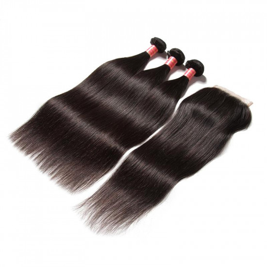 Preciousluxuryhair Hair Indian Virgin Hair Silky Straight Hair 3 Bundles With 4x4 Lace Closure, 8A Human Hair Weaves