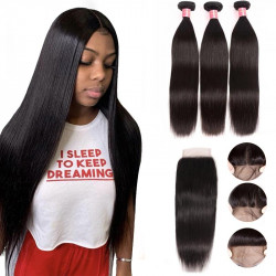 Preciousluxuryhair Hair Indian Virgin Hair Silky Straight Hair 3 Bundles With 4x4 Lace Closure, 8A Human Hair Weaves