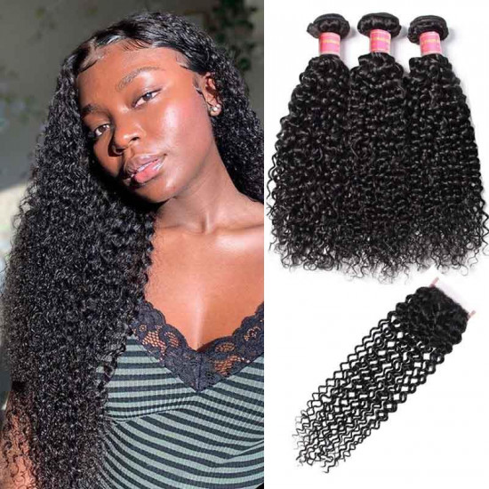 Preciousluxuryhair Jerry Curly 4x4 Fake Scalp PU Silk Lace Closure with 3 Bundles Curly Human Hair Extensions