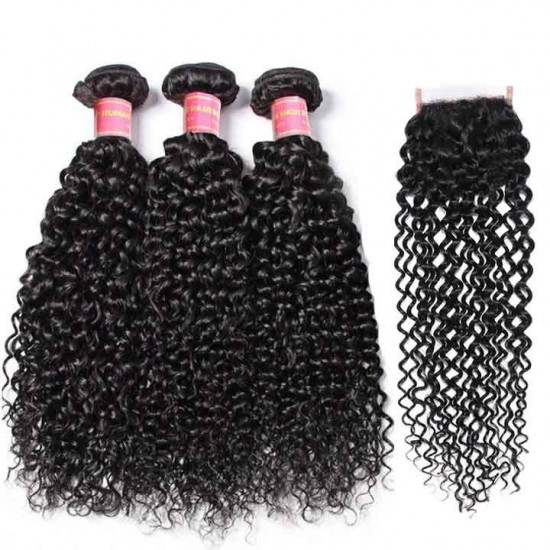 Preciousluxuryhair Jerry Curly 4x4 Fake Scalp PU Silk Lace Closure with 3 Bundles Curly Human Hair Extensions