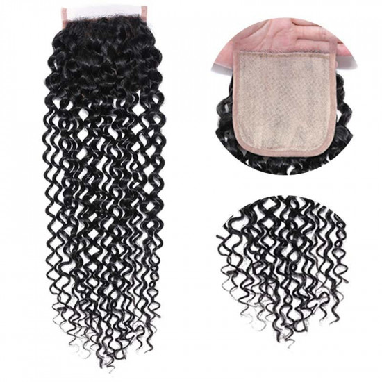 Preciousluxuryhair Jerry Curly 4x4 Fake Scalp PU Silk Lace Closure with 3 Bundles Curly Human Hair Extensions