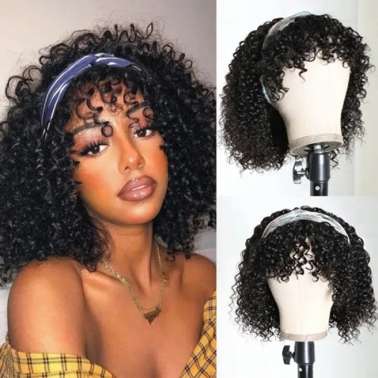 Preciousluxuryhair Jerry Curly Short BOB Headband Wigs with Removable Bang 150% Density Best Human Hair Glueless Scarf Wigs