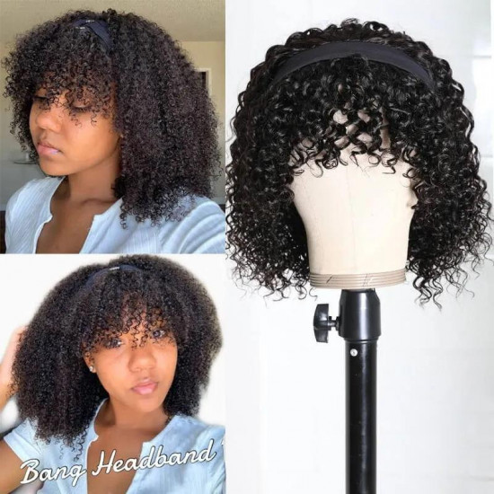 Preciousluxuryhair Jerry Curly Short BOB Headband Wigs with Removable Bang 150% Density Best Human Hair Glueless Scarf Wigs