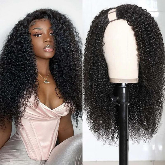 Preciousluxuryhair Kinky Curly Human Hair Wigs 4x2 Size Right Side U Part Wigs 180% Density For Women