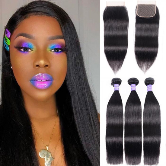 Preciousluxuryhair Hair Malaysian Silky Straight Hair 3 Bundles Remy Human Hair with 4x4 Swiss Lace Closure