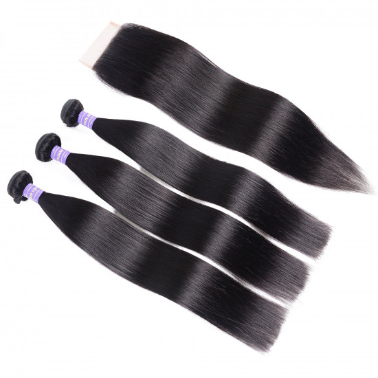 Preciousluxuryhair Hair Malaysian Silky Straight Hair 3 Bundles Remy Human Hair with 4x4 Swiss Lace Closure