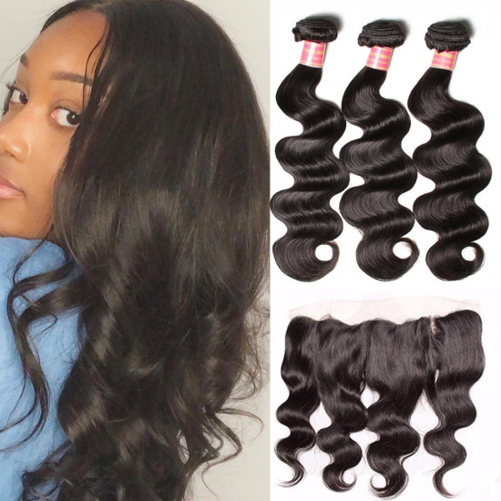 Preciousluxuryhair Hair Malaysian Body Wave 3 Bundles With 13X4 Lace Frontal, 100% Virgin Malaysian Hair Weaves