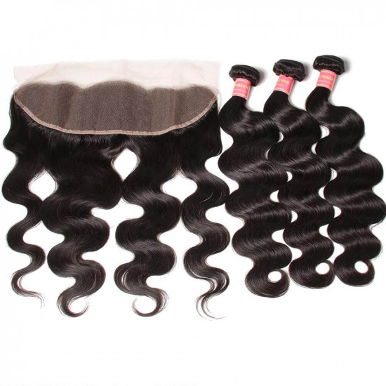 Preciousluxuryhair Hair Malaysian Body Wave 3 Bundles With 13X4 Lace Frontal, 100% Virgin Malaysian Hair Weaves