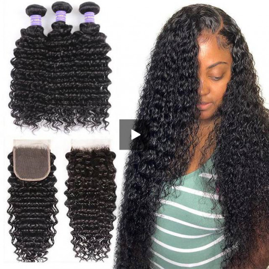 Preciousluxuryhair Hair Malaysian Remy Human Hair Deep Wave 3 Bundles With 4*4 Lace Closure Free Part Closure