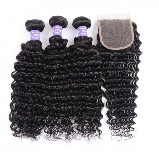 Preciousluxuryhair Hair Malaysian Remy Human Hair Deep Wave 3 Bundles With 4*4 Lace Closure Free Part Closure