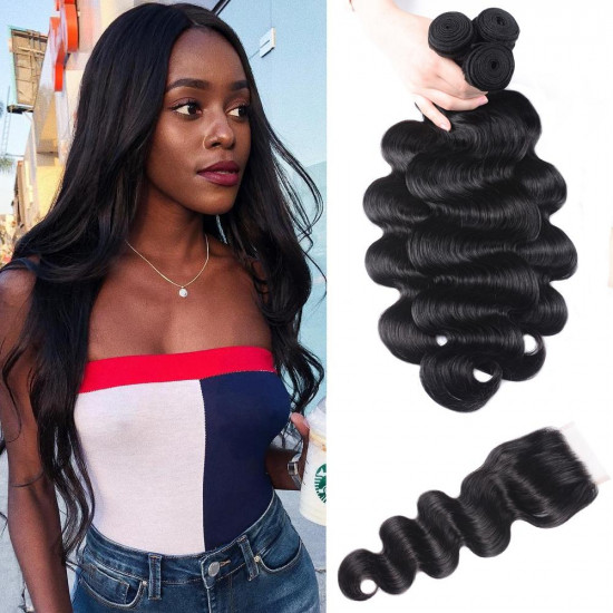 Preciousluxuryhair Malaysian Body Wave 3 Bundles Weaves with 4x4 Lace Closure Affordable Remy Human Hair