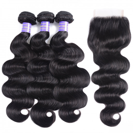 Preciousluxuryhair Malaysian Body Wave 3 Bundles Weaves with 4x4 Lace Closure Affordable Remy Human Hair