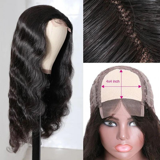 Preciousluxuryhair 4 By 4 Lace Closure Part Wig With Baby Hair Body Wave Natural Color 150% Density Hand Tied Lace Part Line Realistic Wigs