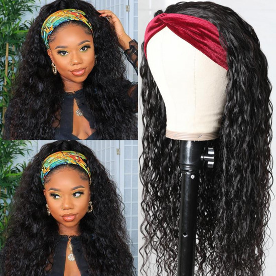 Preciousluxuryhair Headband Scarf Wig Water Wave Glueless Human Hair Wigs With Pre-attached Scarf Natural Color 180% Density