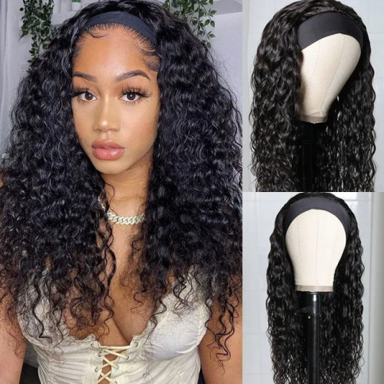 Preciousluxuryhair Headband Scarf Wig Water Wave Glueless Human Hair Wigs With Pre-attached Scarf Natural Color 180% Density