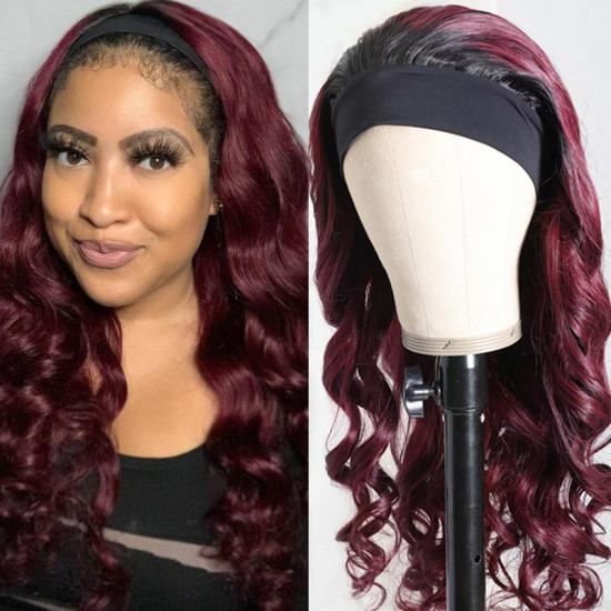 Preciousluxuryhair Ombre 1B99J Burgundy Color Body Wave Headband Wigs with Black Root 150% Density Glueless Human Hair Wigs