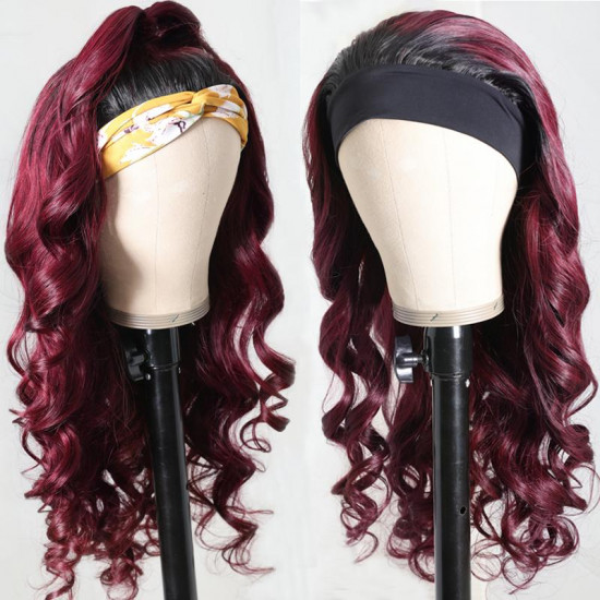 Preciousluxuryhair Ombre 1B99J Burgundy Color Body Wave Headband Wigs with Black Root 150% Density Glueless Human Hair Wigs