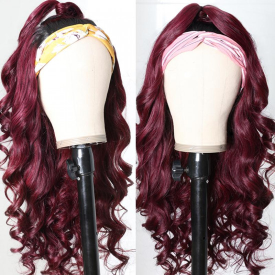 Preciousluxuryhair Ombre 1B99J Burgundy Color Body Wave Headband Wigs with Black Root 150% Density Glueless Human Hair Wigs