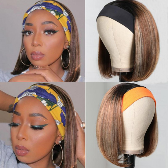 Preciousluxuryhair Ombre Blonde Highlight Short BOB Headband Wig 1BTL412 Straight Hair Wig 150% Density Glueless Scarf Wig