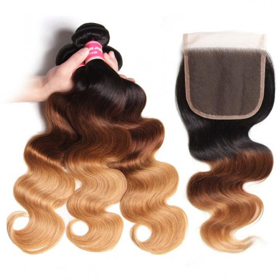 Preciousluxuryhair Hair Ombre Hair T1b/4/27 Color Body Wave Hair 3 Bundles with Lace Closure 100% Human Hair