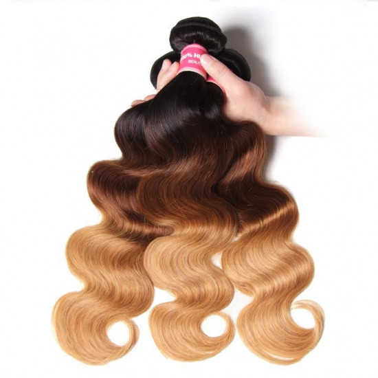 Preciousluxuryhair Hair Ombre Hair T1b/4/27 Color Body Wave Hair 3 Bundles with Lace Closure 100% Human Hair