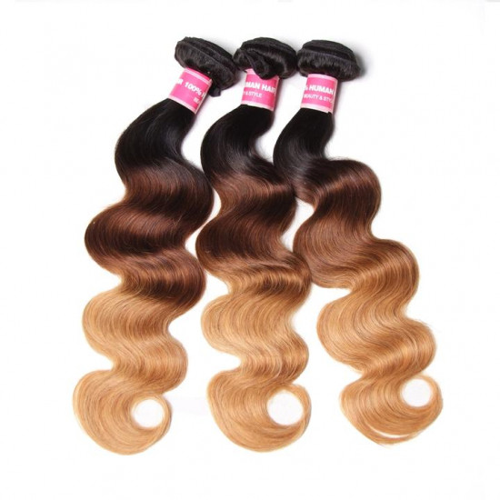 Preciousluxuryhair Hair Ombre Hair T1b/4/27 Color Body Wave Hair 3 Bundles with Lace Closure 100% Human Hair