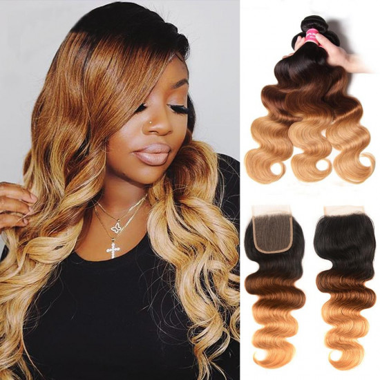 Preciousluxuryhair Hair Ombre Hair T1b/4/27 Color Body Wave Hair 3 Bundles with Lace Closure 100% Human Hair